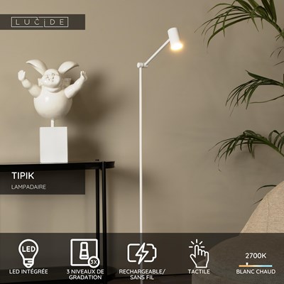 Lucide TIPIK - Lampadaire Rechargeable - Batterie/Piles - LED 3 StepDim - 1x3W 2700K - Blanc